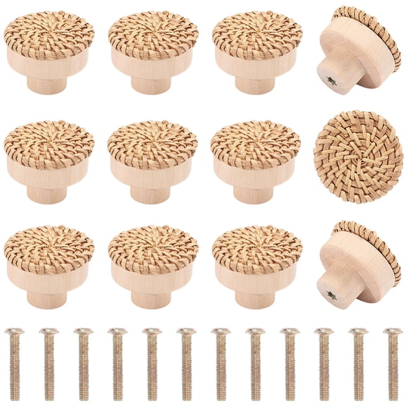 12Pcs Boho Rattan Cabinet Knobs Natural Wooden Handmade Woven Dresser Drawer Decorative Pulls Round Handles Knob with 12Pcs Screws