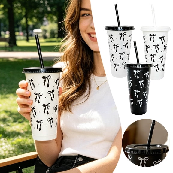 12Pcs Bow Print Tumblers With Straws Reusable Cold Cups Lightweight Coffee Mug For Beverage Home Outdoor(Black White-17.5X10X6Cm)