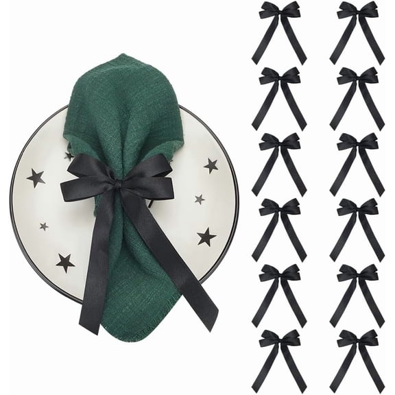 12Pcs Bowknot Polyester Single Face Satin Napkin Ring Black 200x120mm for DIY