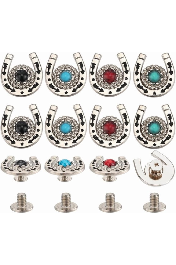 12Pcs/Box Horseshoe Screw Back Buttons Conchos 4 Colors Western Cowboy Style Decorative Leather Buckles 19mm Turquoise Gemstone Metal Vintage Retro Castings Rivets Studs for DIY Making