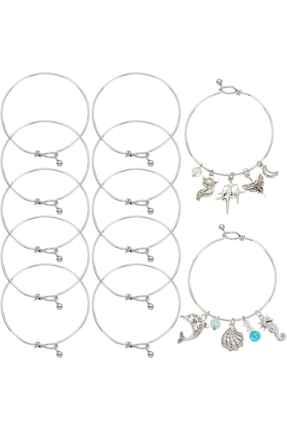 12Pcs Bracelet Bangle Open Blank Wire Bangle Charm Bracelet Silver 304 Stainless Steel Buckle Hook Clasp Adjustable Bangles