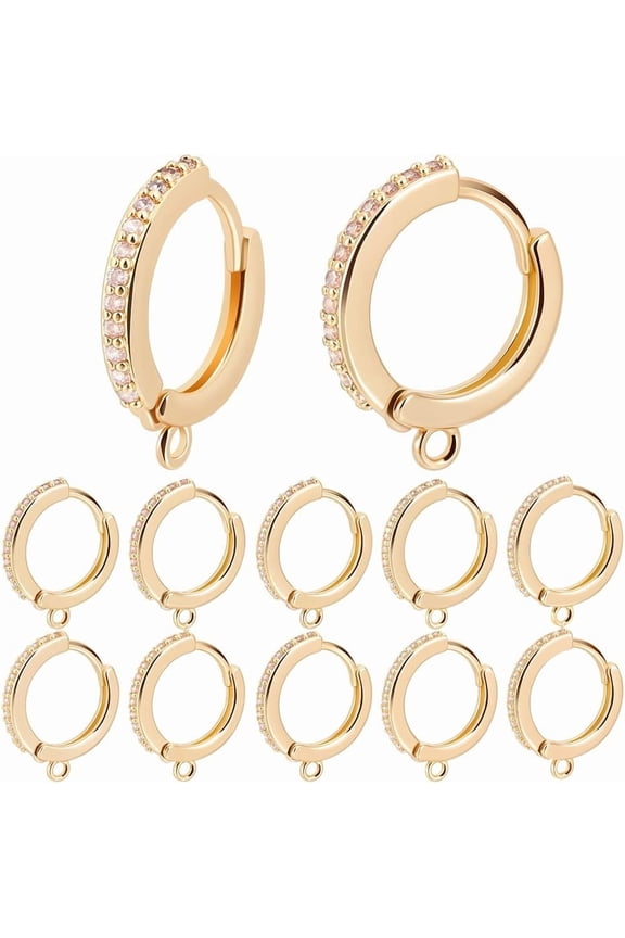 12Pcs Brass Micro Pave Clear Cubic Zirconia Hoop Earring Findings with Horizontal Loop Real 18K Gold Plated 16x14x2mm Hole: 1.2mm