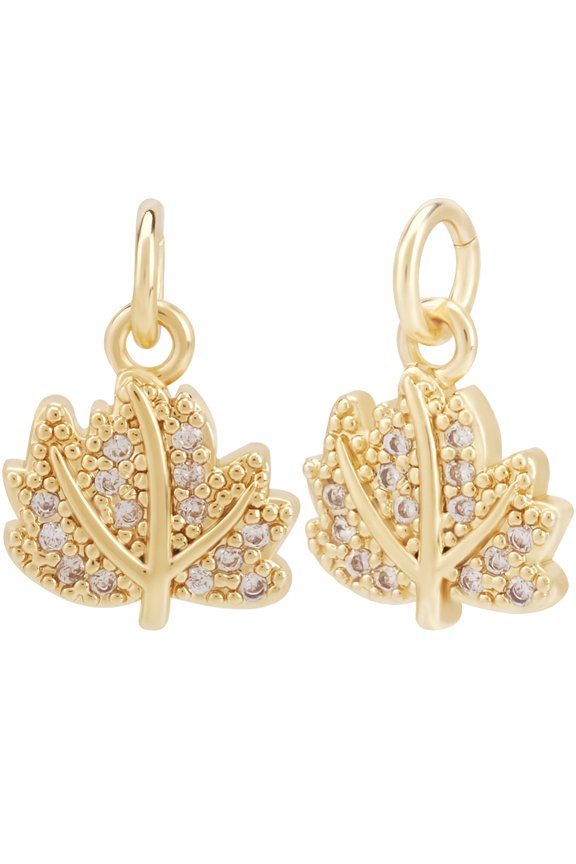 12Pcs Brass Micro Pave Cubic Zirconia Charms with Jump Rings Maple Leaf Charms Real 18K Gold Plated 11x10x2mm Hole: 3.2mm DIY