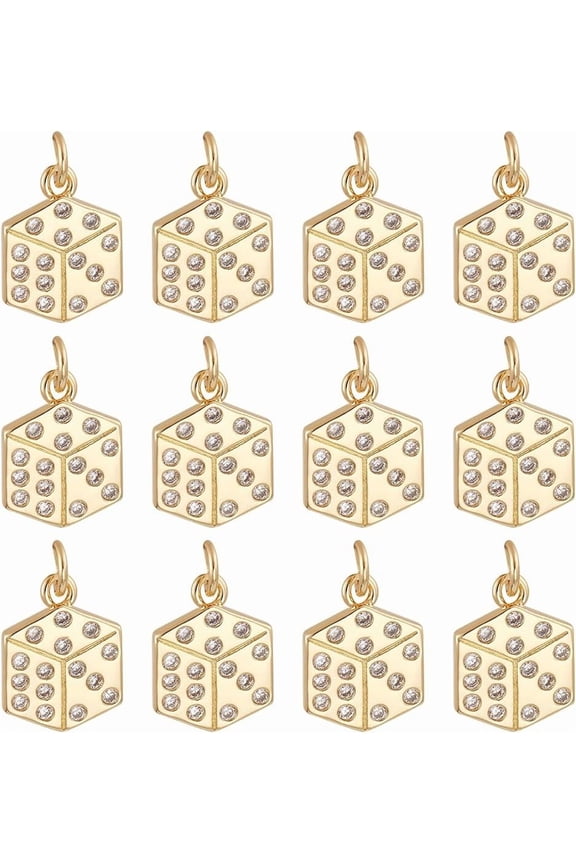 12Pcs Brass Micro Pave Cubic Zirconia Pendants Dice Charms Long-Lasting Plated Lead Free Cadmium Free with Jump Ring Real 18K Gold Plated for Handmade