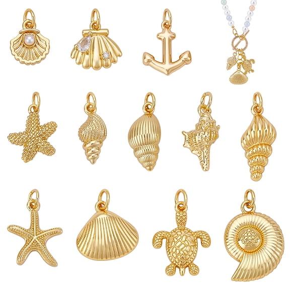 12Pcs Brass Pendants with 304 Stainless Steel Jump Rings Golden 16~25mm