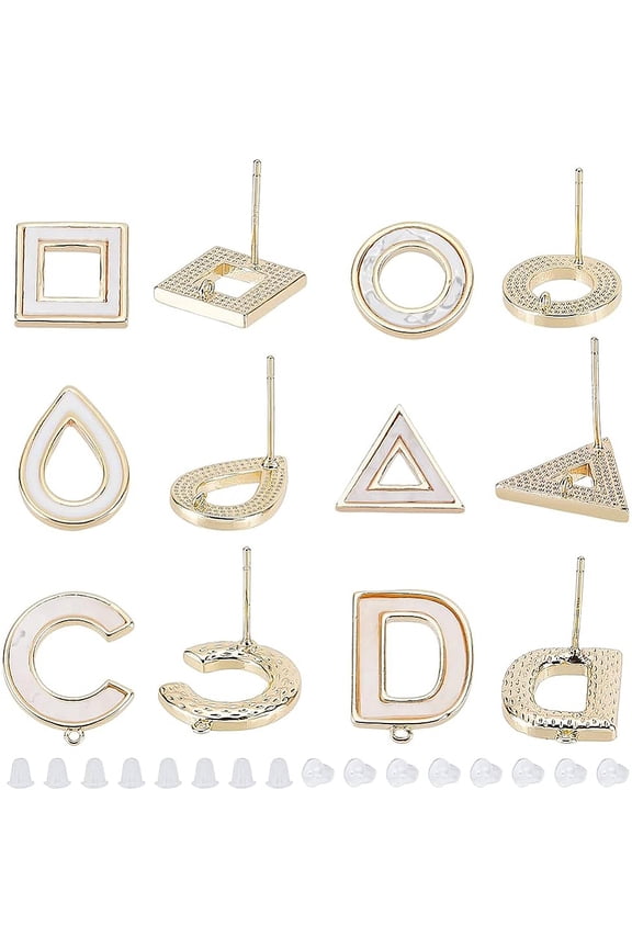 12Pcs Brass Stud Earring Findings with Shell and Loops Pins Nickel Free Creamy White Square Triangle Teardrop Ring Earring Finding: 11~16.5x11~14mm