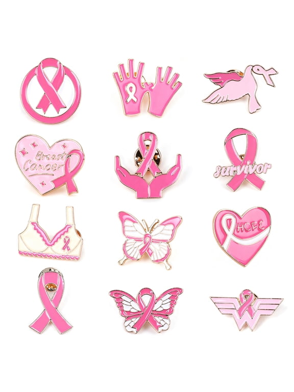 12Pcs Breast Cancer Pins for Breast Cancer Awareness Accessories Pink Ribbon Enamel Lapel Pins Brooch Badge for Survivor Month Charity Event Party Favors Gifts
