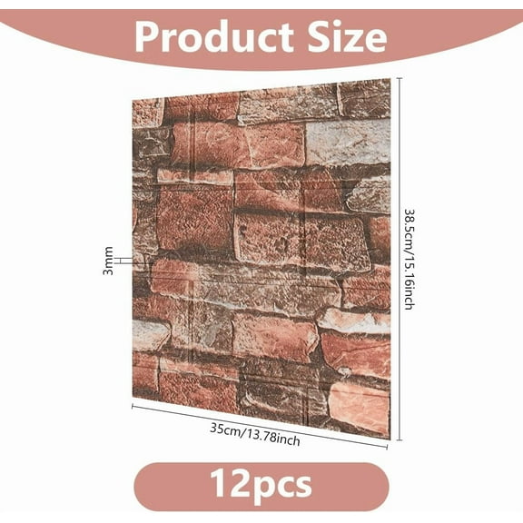 12Pcs Brick Wall Panels 3D Brick Wallpaper Peel and Stick 15.16x13.78x0.06 Inch Self Adhesive Brick Tiles Saddle Brown Faux Stone for Bedroom Living Room Decoration