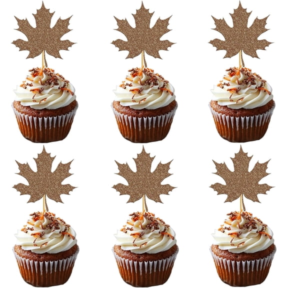 12Pcs Brown Glitter Fall Maple Leaf Cupcake Toppers, Autumn Leaves Cupcake Picks for Thanksgiving Harvest Party Birthday Cupcake Cake Decor