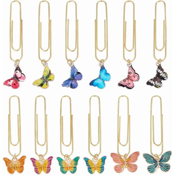 12Pcs Butterfly Paperclips 2.5~2.8 Inch Alloy Pendant Paper Clip with Butterfly Alloy Enamel Charm Metal Paper Clips for Paper Document Note Sorting and Organizing