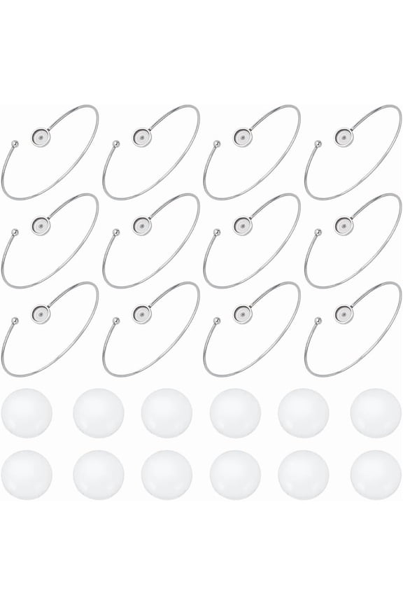 12Pcs Cabochon Bangle Bracelets Stainless Steel Adjustable Blanks Bangle 8mm Tray Cabochon Cuff Bangle Setting with 12Pcs Glass Cabochons Cuff Bangle for DIY Jewelry Making Silver