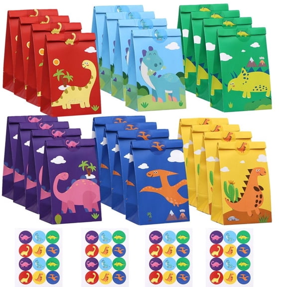 12Pcs Cartoon Dinosaur Gift Bags with 24 Stickers Paper Treat Bags for Dinosaur Theme Birthday Party Favors