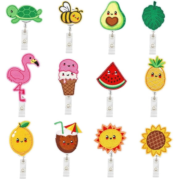 12Pcs Cartoon Summer Theme Felt Badges with Retractable Reel Holders Polyester and ABS Plastic, Mixed Color