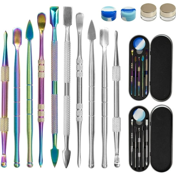 12Pcs Carving Tool Set for Wax, Stainless Steel Double-Ended Wax Carving Sculpting Tools with Case and Container for Wax Oil or Statuary Clay Pottery (Rainbow & Silver)