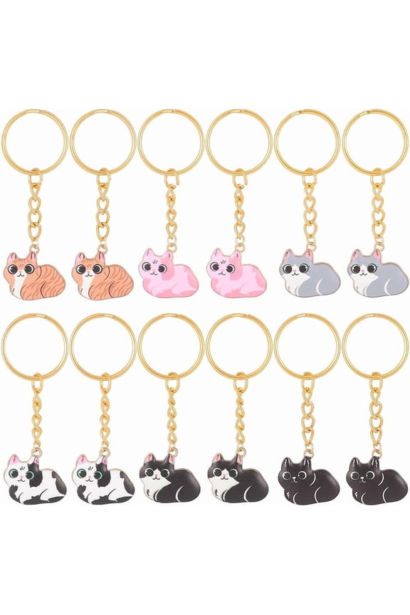 12Pcs Cat Key Chains Bulk Enamel Animal Keychain 6 Style Small Alloy Colorful Kawaii Pet Hanging Iron Keyring Pendant Keychains for Car Key Keychain Bag Purse Party Favors DIY Decoration