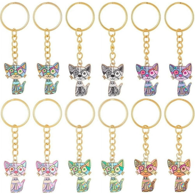 12Pcs Cat Keychain Set Animal Keychains Bulk 6 Colors Alloy Enamel Colorful Small Hanging Kawaii Pet Pendant Iron Keyring Key Chains for DIY Car Key Keychains Party Favors Inspirational Gift