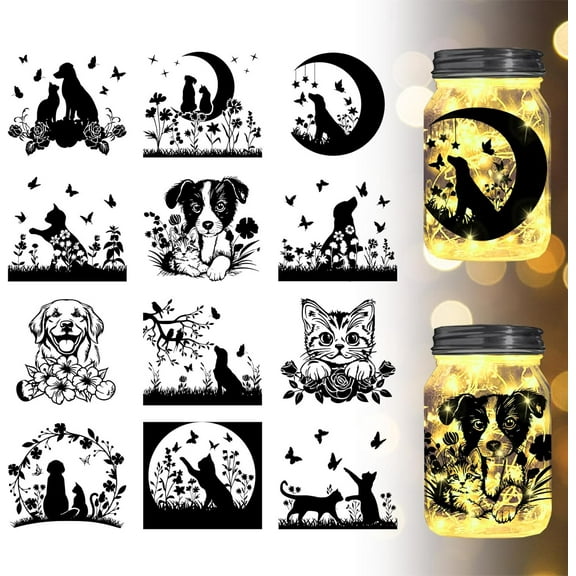 12Pcs Cats Dogs Silhouette Jar Cutouts Flowers Butterfly Animals Plastic Silhouette Wall Decals (Not Stickers) Lantern Jar Cutouts Window Lamp Decals Glass Decorations Art Mural Home Decor