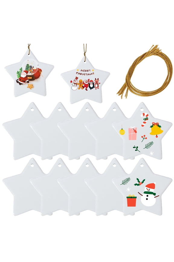 12Pcs Ceramic Star Ornaments Blank Sublimation Ornaments with Jute Cords White Porcelain Heat Transfer Personalized Hanging Pendants Tag Signs for Christmas Tree Wedding DIY Craft Decoration DIY