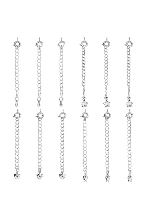 12Pcs Chain Extender 4 Styles Platinum Jewelry Chain Extension Set End Chains with Spring Clasps and Star Teardrop Flower Heart Charm