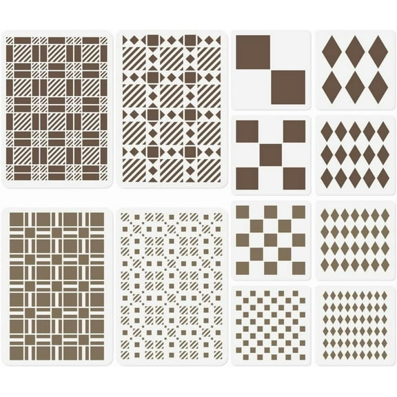 12Pcs Check Diamond Harlequin Geometric Pattern Craft Stencil Templates Plastic Reusable Checkerboard Stencils for Painting on Wall Floor Wood Fabric Furniture Glass