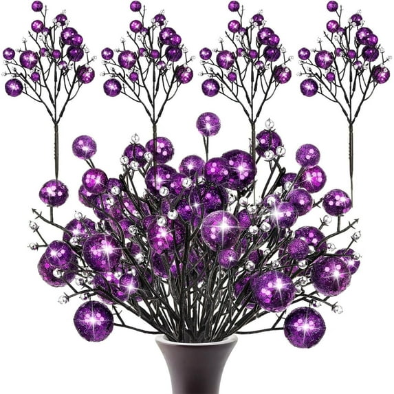 12Pcs Christmas Artificial Glitter Berry Branch,Purple Artificial Christmas Tree Picks Decoration,11.4In Large Glittery Twigs for DIY Xmas,Wreath,Holiday and Home Decor