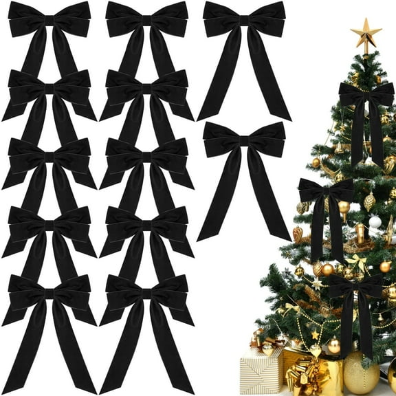 12Pcs Christmas Bows for Christmas Tree, Double layer Velvet Bows Decor, Black Bow Decorations for Party Garland Wedding Xmas Tree Toppers, Vintage Wreath Christmas Ornament Decor