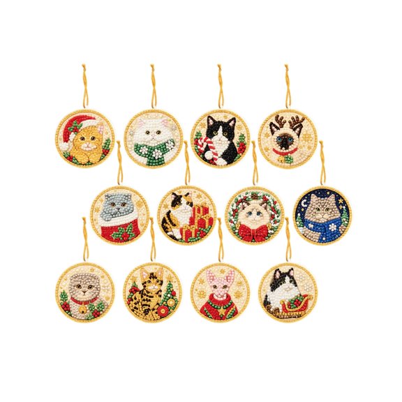 12Pcs Christmas Cat DIY Diamond Art Ornament Kit, Acrylic Cat Portrait Hanging Decor with Gold Strings, Holiday Rhinestone Painting Craft Kit for Christmas Tree & Pet Lovers Gift