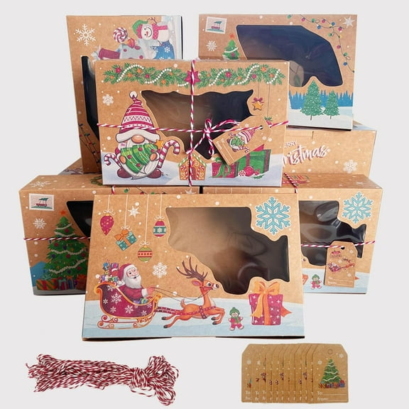12Pcs Christmas Cookie Boxes for Gift Giving, Christmas Bakery Boxes with Window, Christmas Treat Boxes for Xmas Holiday Birthday Party Pastries, Cupcakes, Brownies, Donuts Gift-Giving