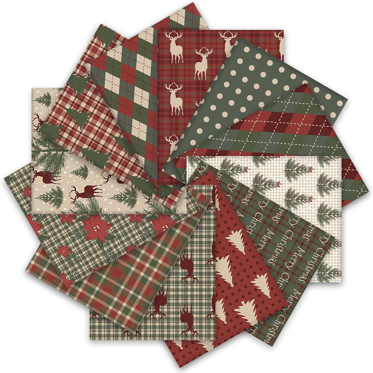 12Pcs Christmas Cotton Fabric Bundles Woodland PoinsetReindeer Tree Printed Fat Quarters Plaid Xmas Sewing Fabrics for DIY Handmade Crafting, 18 x 22 Inch