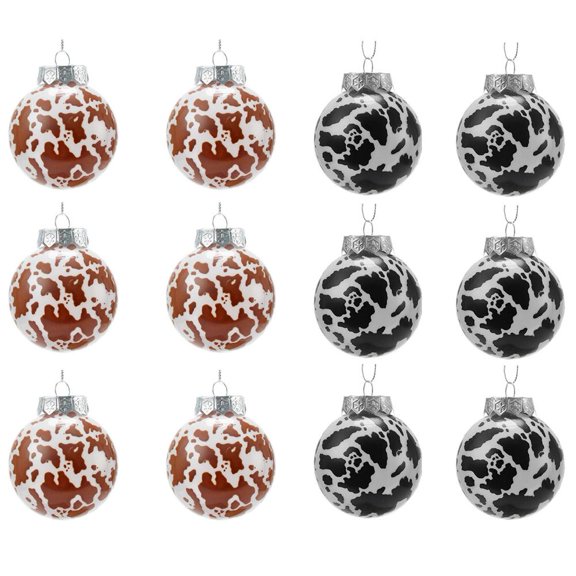 12Pcs Christmas Cow Print Ball Ornaments Set, Cowhide Printed Christmas Balls Ornaments, Black Brown Plastic Cow Xmas Ball Baubles, for Country Farmhouse Rustic Holiday Decoration