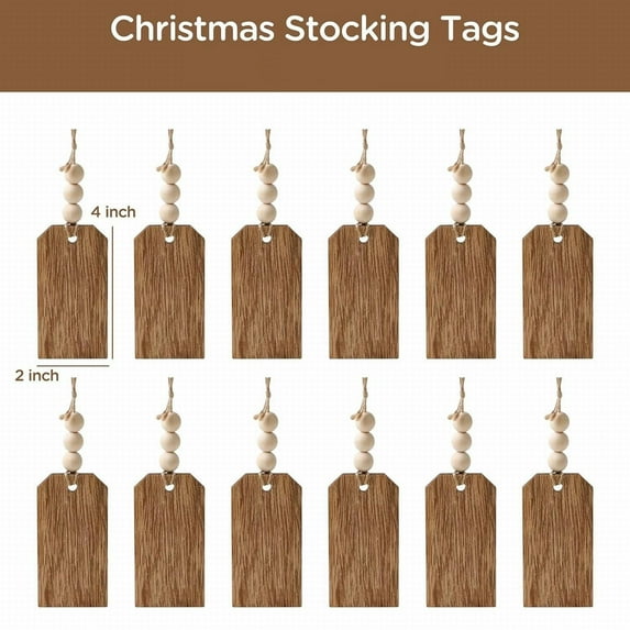 12Pcs Christmas Decorations,Wooden Christmas Stocking Name Tags,DIY Unfinished Personalized Wooden Bead Blank Tags,Farmhouse Xmas Hanging Gift Tags For Christmas Stocking Party Supplies,Khaki*12,2x4"