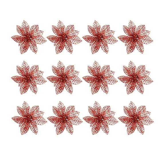 12Pcs Christmas Flower Ornaments Hollow out Glitter Artificial Xmas Flower Adornment Christmas Party Decoration (Red)