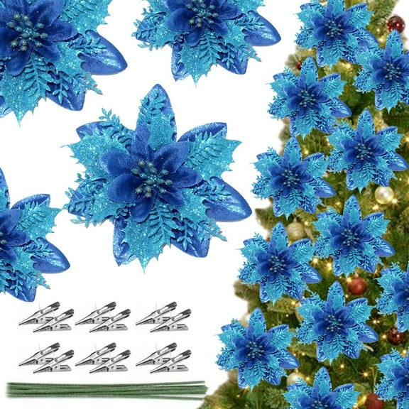 12Pcs Christmas Glitter Artificial Poinsettia Flowers, Xmas Poinsettia Artificial Wedding Flowers Decorations Xmas Tree Ornaments with Clips for Party Favors