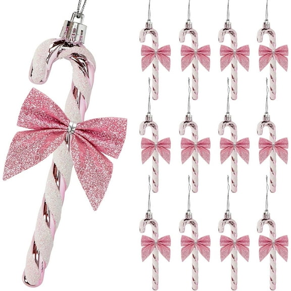 12Pcs Christmas Glitter Candy Cane with Bow Plastic Candy Cane Decoration Christmas Tree Hanging Ornament for Holiday Party Decoration Favor
