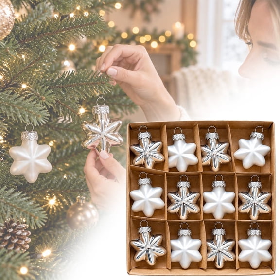 12Pcs Christmas Glitter Glass Star Ornaments, Silver Mercury Glass Hanging Baubles for Xmas Tree Winter Holiday Party Home Decor