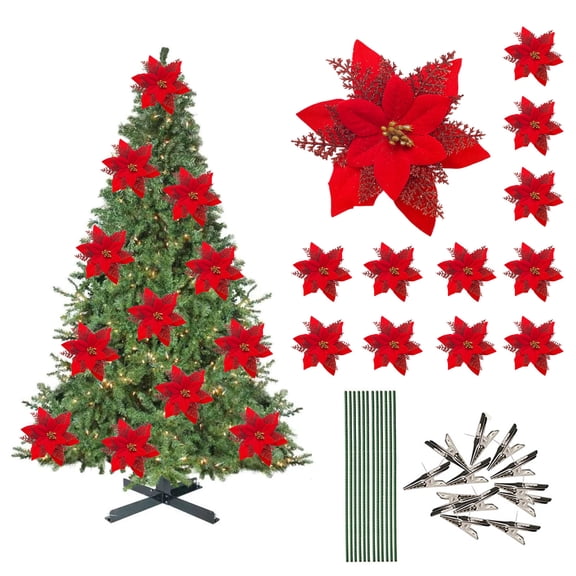 12Pcs Christmas Glitter Poinsettia Flowers With Clips And Stems,DIY Christmas Tree Flower Arrangement,No Tree