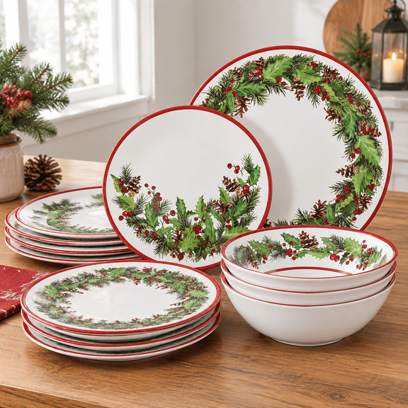 12Pcs Christmas Melamine Dinnerware Set, Holiday Dishes Set of 4, Garland