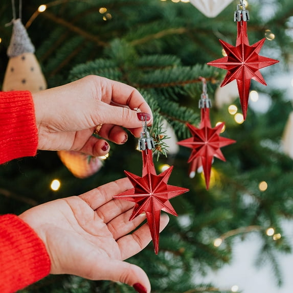 12Pcs Christmas Ornaments, Glitter Eight-Pointed Star Tree Pendants, Plastic with Metallic Plating for Indoor Outdoor Xmas Decor Red