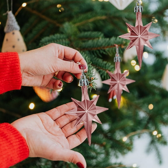 12Pcs Christmas Ornaments, Glitter Eight-Pointed Star Tree Pendants, Plastic with Metallic Plating for Indoor Outdoor Xmas Decor Rose Gold