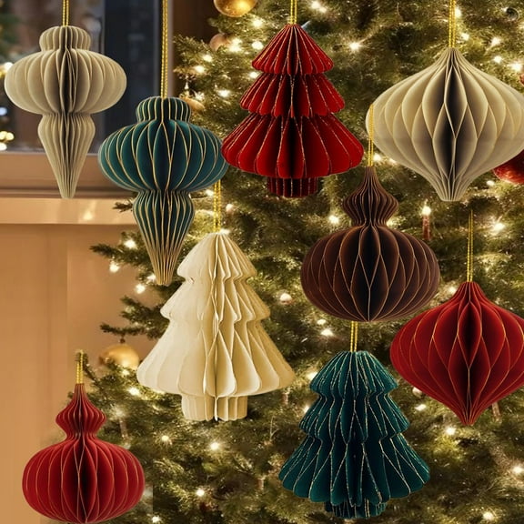 12Pcs Christmas Paper Honeycomb Ornaments for Tree, 3D Glitter Edge Paper Honeycomb Lanterns Foldable Neutral Hanging Decorations for Xmas Tree New Year Holiday Party Home Decor, Red Green Beige