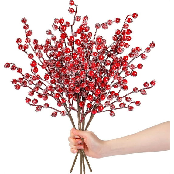 12Pcs Christmas Pomegranate Red Fruit Decorations,Winter Frosted Red Berry Stems,Winter Snowflake Holly Berry Picks,for Vase Wreath Garland Christmas Tree