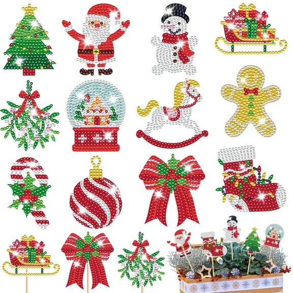 12Pcs Christmas Rhinestones Painting Kits - Santa Snowman Gingerbread Man Stocking Bows Design, DIY Acrylic Gem Art Craft for Holiday Decor, Gifts & Garden Stakes