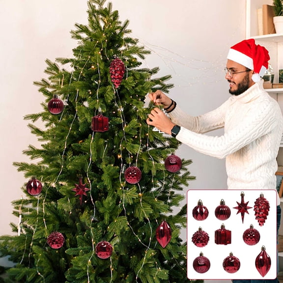 12Pcs Christmas Tree Ornament Set, Assorted Shaped, PET Plastic Multi‑Style Xmas Hanging Balls Pendants, Festive Baubles for Xmas Tree Wreath Garland Hotel Showcase Holiday Party Decor