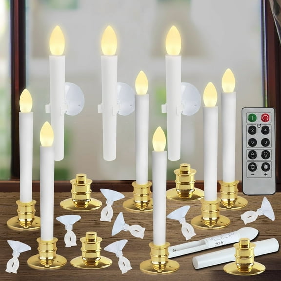 12Pcs LED Electric Windows Candles Lights with Remote Timer Flickering with Holders for Christmas Decorations Gold Base & Suction cups
