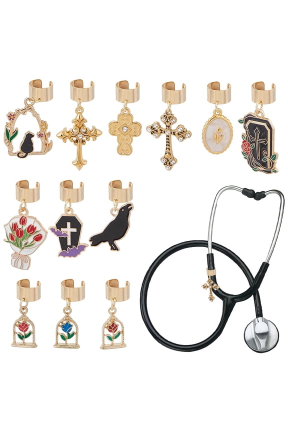 12Pcs Church Roses Stethoscope Charms 1-1.4 Inch Alloy/Gothic Stethoscopes Tag Pendant ID Name Tag Charm Stethoscope Charms Accessories