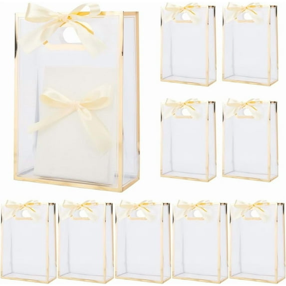 12Pcs Clear Bags Clear Party Favor Bags with Ribbon 10 x 7 x 3in Rectangle Plastic Champagne Yellow Reusable Candy Tote Wrapping Pouch for DIY Wedding Birthday Gifts Presents Packaging