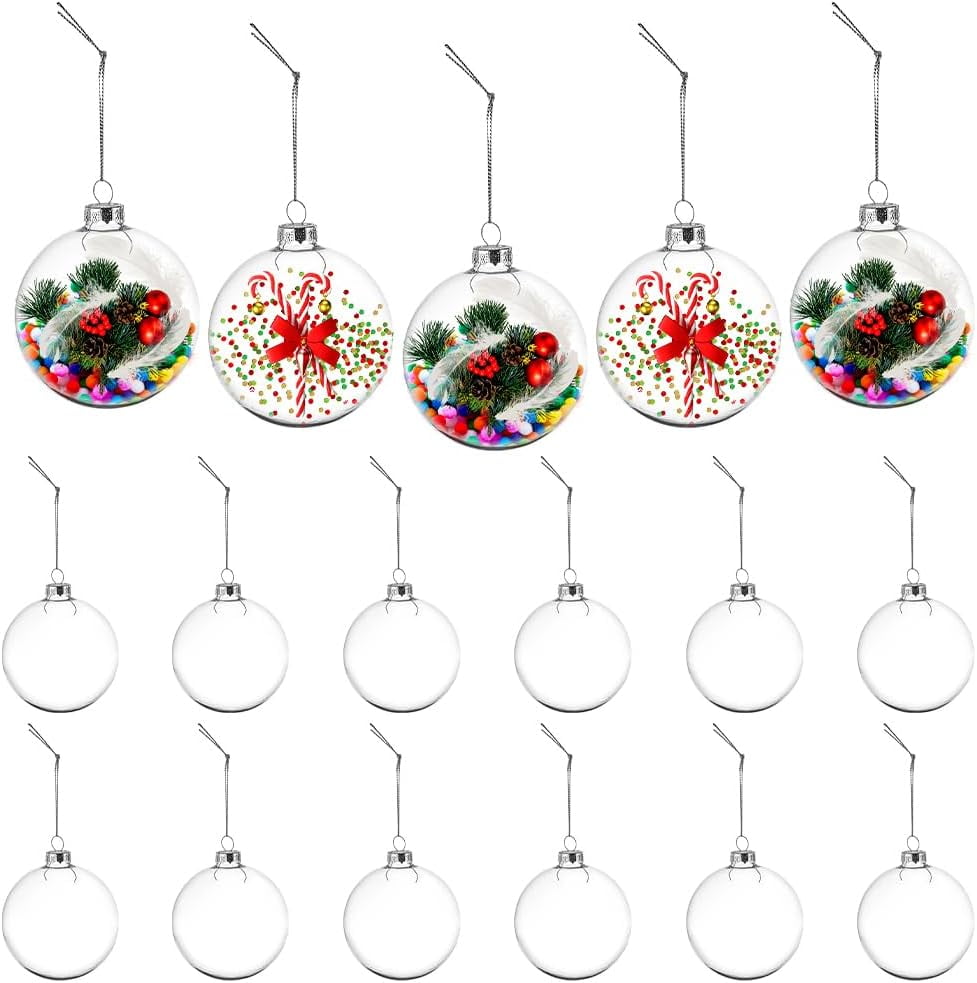 12Pcs Clear Glass Christmas Ornament Balls 3.8x3 Round Fillable Christmas Ornaments Plastic Ornaments for Crafts Fillable Hanging Ornament Ball for Christmas Tree Wedding Home Decor