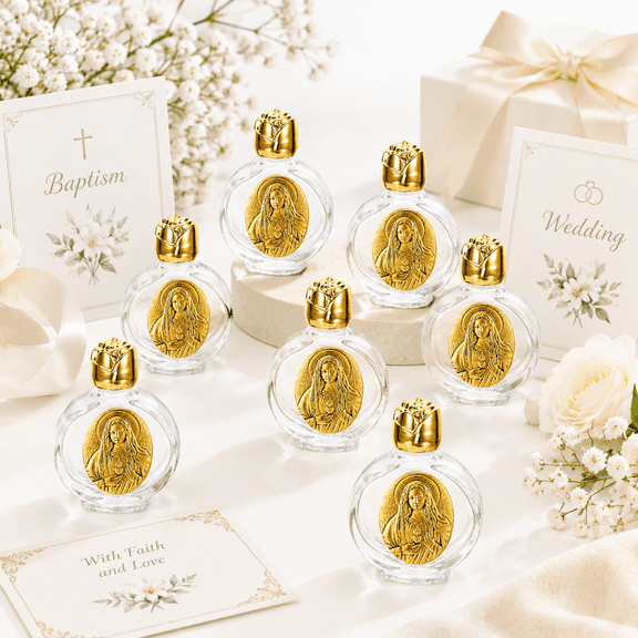 12Pcs Clear Glass Holy Water Bottles - Mini Catholic Baptism Vials with Gold Cap and Immaculate Heart of Mary, Empty Religious Containers for Travel and Gifts