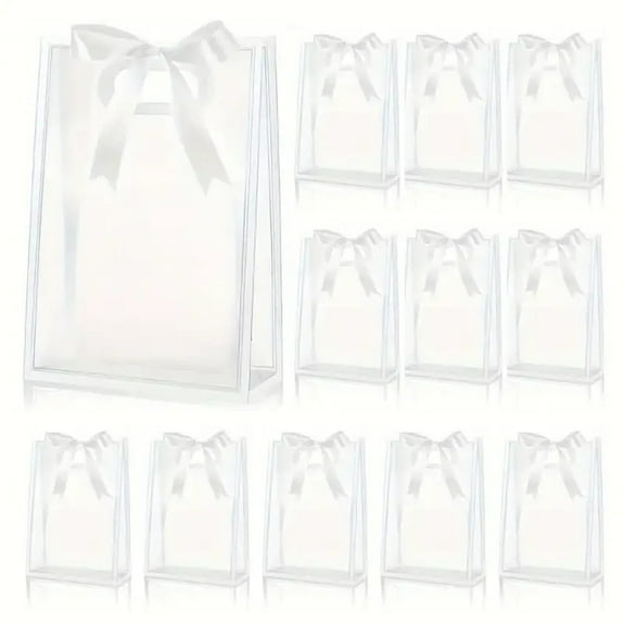 12Pcs Clear Plastic Gift Bags with Handles& Bow-Transparent Gift Bags, Clear Gift Bags for Favors, Reusable Handle Bag with Ribbon for Bow Tying, Perfect for Wedding, Baby Shower, Birthday, Christmas