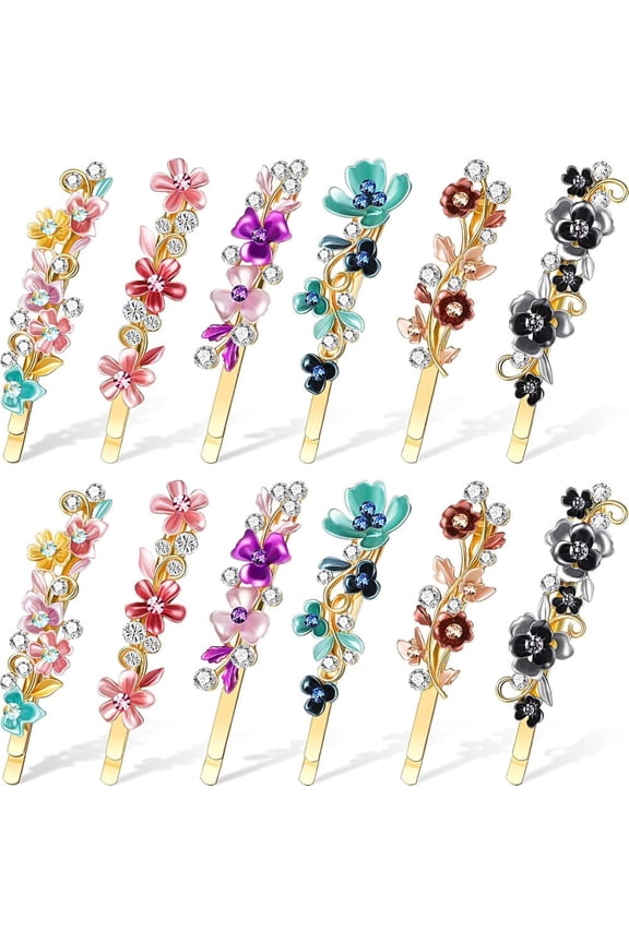 12Pcs Colorful Floral Hair Pins, Vintage Metal Hair Clips with Sparkling Rhinestones, 6 Styles Hairpins Barrettes for Women Girls, Perfect for Summer Outfits and Gift